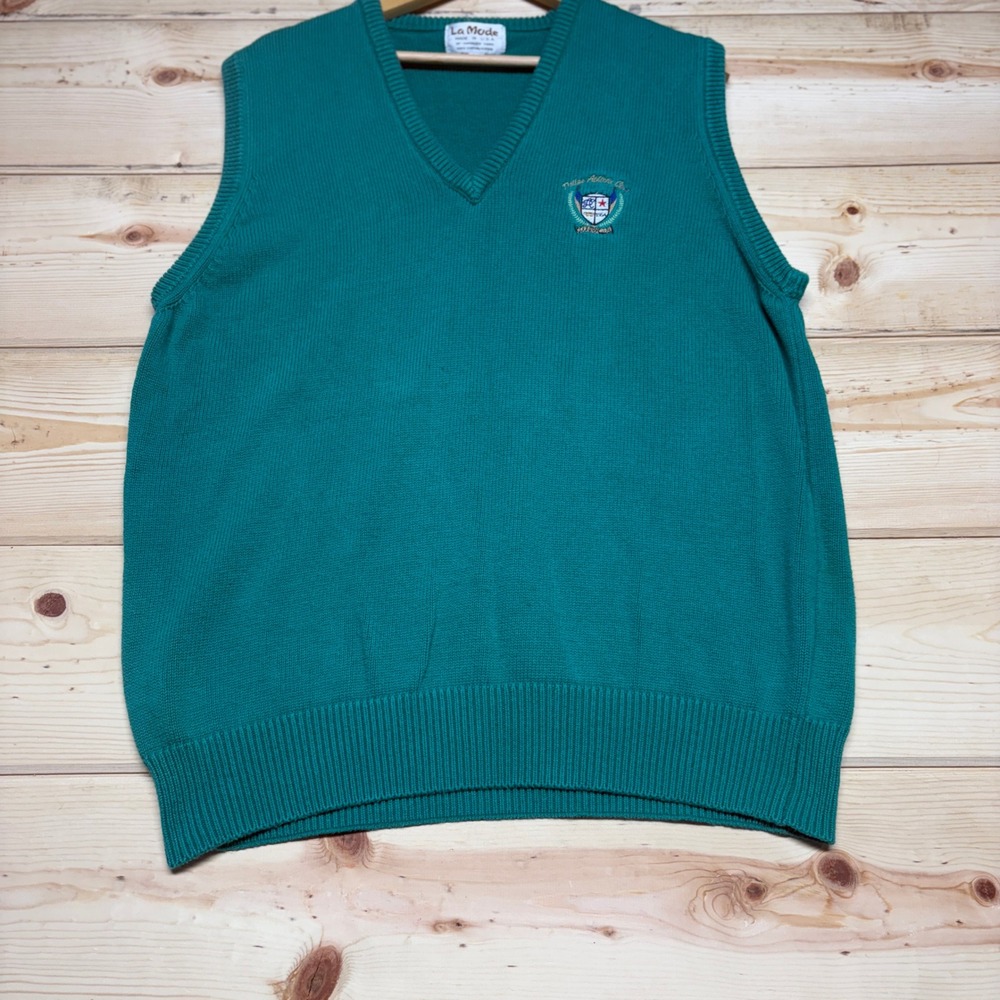 La Mode Mens Teal V Neck Golf‎ Sweater Vest XL Embroidered Country Club Grandpa